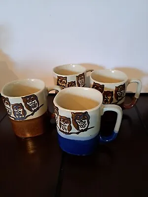 Vtg Set Of 4 Owl Stoneware Coffee Cups • $40