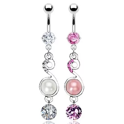 316L Prong Set Navel With Pearl Music Note And Solitaire CZ Dangle Belly Ring • $10