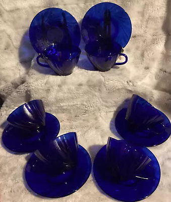 6 Vintage Cups & Saucers Colbalt Blue Duralex Vereco Set Swirl Design France • $40