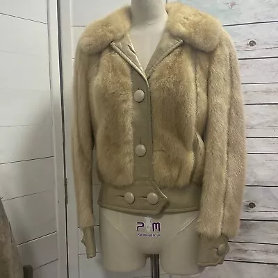 VTG Sakowitz Mink Fur & Leather Coat Jacket Size S Small Tan Big Button Collar • $300