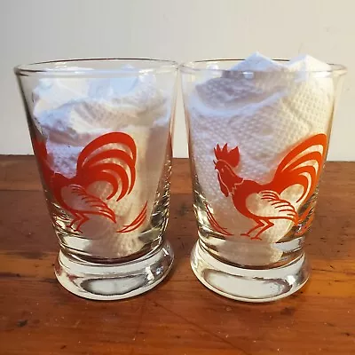 Vintage Set Of 2 Libby Retro Red Rooster Drinking Glasses Juice Cups 4   • $26.49