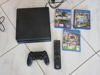$150 • Buy Sony PlayStation 4 Slim (working Cond.) Bundle + 3 Games + Controller + Remote