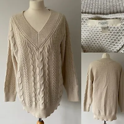 Next Cream Beige Chunky Cable Knit Jumper Sweater V Neck Size M UK 12 - 14 VGC • £16.99