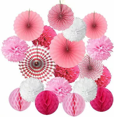 All-In-One Hanging Paper Fan Tissue Pompoms Honeycomb Ball Party Decor (Pink) • £11.99