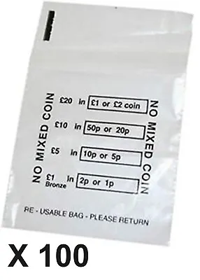 100 X Plastic Coin Bags - Money Bank Bags No Mixed Coins Change  Cash Retail Bag • £2.69