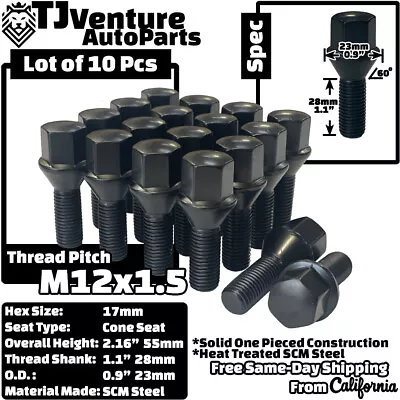 10Pc Black 12x1.5 17mm Hex Wheel Lug Bolts 28mm Shank Length Fit Cone Seat Wheel • $20.99