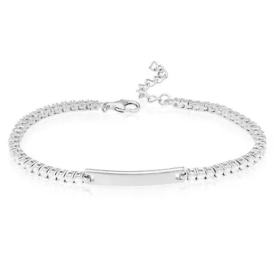 Solid 14K White Gold Over Silver ID Bar CZ Tennis Bracelet 6 -8  Adjustable • $64.53