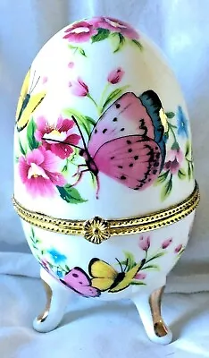 11cm Porcelain Ceramic Hand Paint Pink Yellow Butterflies Floral Egg Trinket Box • $29.95