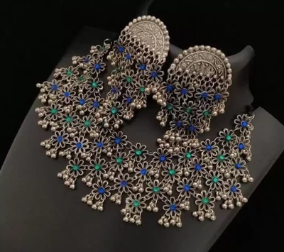$17.99 • Buy Silver Indian Bollywood  Style Oxidized CZ Necklace  Jewelry   Earrings Set