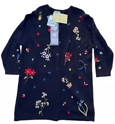Quaker Factory Americana Long Floral Sweater Vintage Black Flowers Button 2X NWT • $79.97