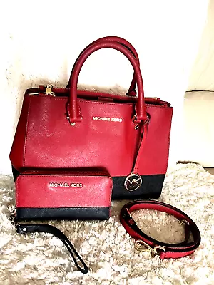 2 PC SET Michael Kors Sutton Colorblock Satchel RED/BLACK & MATCHING WRISTLET • $229