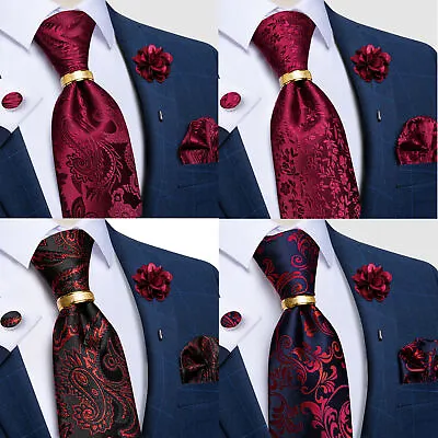 6PCS Mens Ties Set Lapel Flower Pin Set For Wedding Necktie Burgundy Red Paisley • £4.99