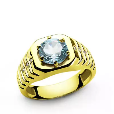 Diamonds Men's Ring In 10k Yellow Gold With Blue Topaz Gemstone Ring For Men • $589