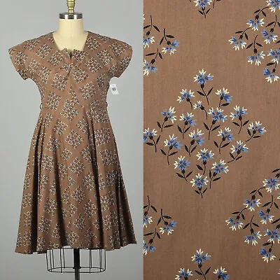 XL 1950s Brown Cotton Day Dress Blue Floral Print Short Sleeve Casual Summer VTG • $180