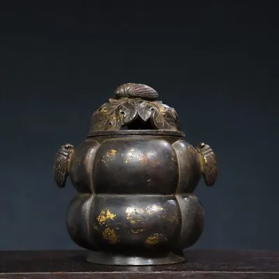 6.3  Old Antique Qing Dynasty Bronze Gilt Cicada Double Ear Gourd Incense Burner • $310.80