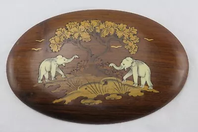 Vintage Indian Elephant Inlaid Marquetry Oval Wood Plaque Wall Hanging Picture • $10.99