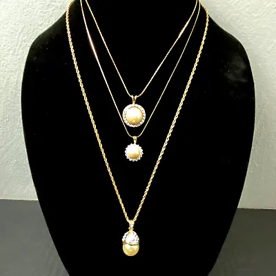 Vintage Necklace Lot Of 3 Goldtone Rhinestones Crystal Stones Faux Pearl Cabo • $9.99