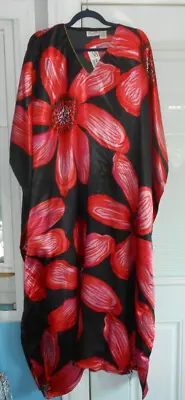 New Sante  Muu Mumu 2x 3x Caftan Kaftan House Dress Black Deep  Coral Floral • $15.39