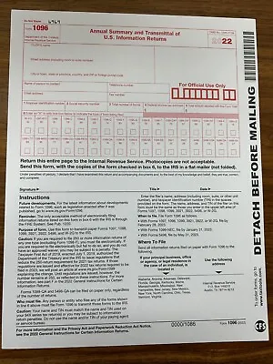 2022 IRS Tax Form 1096 Annual Summary And Transmittal ONLY (for 1099's To IRS) • $5