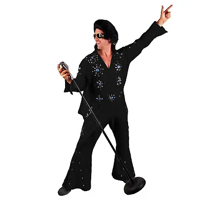 Men's Professional Rock N' Roll King Elvis Jeweled Jumpsuit Cape Costume Black • $170.98