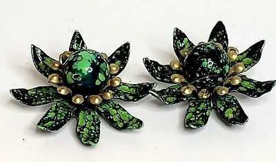 Vintage Clip On Earrings Enameled Green And Gold Floral  1.25  • $11