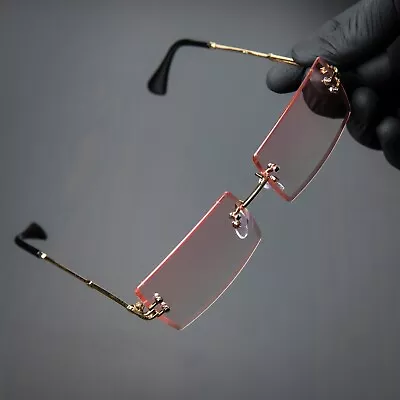 Pink Rose Rectangular Rimless Gold Frame Retro Square Summer Sunglasses • $10.99