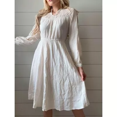 1970s Soft Linen Neutral Toned Ivory Boho Prairie Dress • $59.95