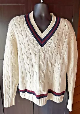 Vintage Brooks Brothers 100% Wool Cable Knit V-neck Tennis Sweater Sz L • $105.99