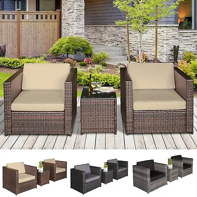 3Pcs Patio 2 Seater Rattan Sofa Table Set Garden Furniture W/ Cushions Balcony • £179.99