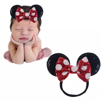 JIAHANG Mouse Ears Sequin Bow Nylon Hairband With Polka Dot Hair Bow Headband • $13.67