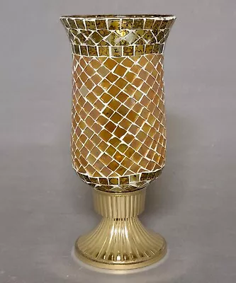 Candle Holder Brass Orange & Brown Mosaic Shade  4 D X 10.5 H  FREE SHIPPING • $20.96