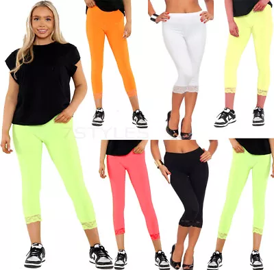 Legging Lace Trim Women 3/4 Cropped Active Wear Gym Stretchy Exercising Summer • £8.99