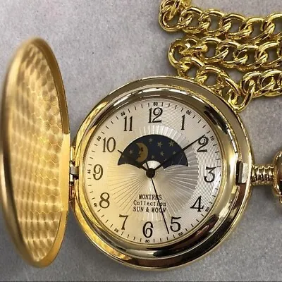 Montres Collection Pocket Watch Quartz Full Hunter Moon Phase Chain Box • $79.25