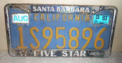 Vintage Santa Barbara California License Plate And Frame.5 Star Chevy Dealer.NR! • $53.99