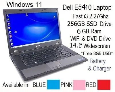 Dell Fast 2.30Ghz 256GB SSD 6GB Laptop Win11 Office Blue Pink Red WiFi Free USB • £105.99