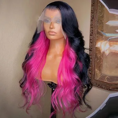 Black Pink Mixed T Part Lace Front Wig Body Wave Wigs Heat Resistant Fiber Women • $38.94