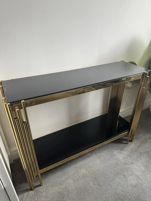 £150 • Buy Console Table Display Stand Black Tempered Glass Top Stainless Steel Gold Finish