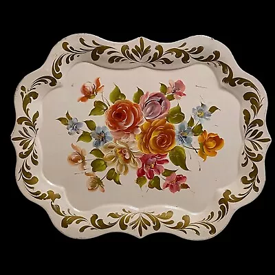 Vintage Floral Tole Toleware Tray Scalloped Edge Hand Painted Cream 25” X 19” • $40.79