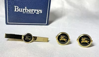 Auth [Rare] Burberry Horse Knight Logo Cufflinks Tie Pin Set Gold X Black Large • $391.64