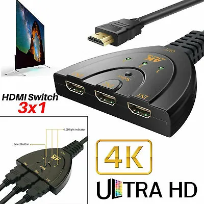 HDMI 3 Port Switch Splitter Hub Box With Cable 1080p For PS3 PS4 Xbox One HDTV • £4.49