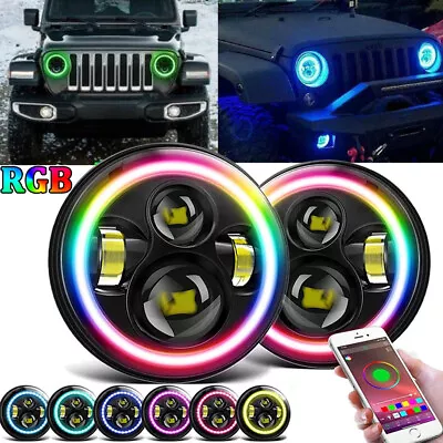 $86.99 • Buy Pair RGB 7'' Halo LED Headlights DRL Lights Combo Kit For Jeep Wrangler JK TJ LJ