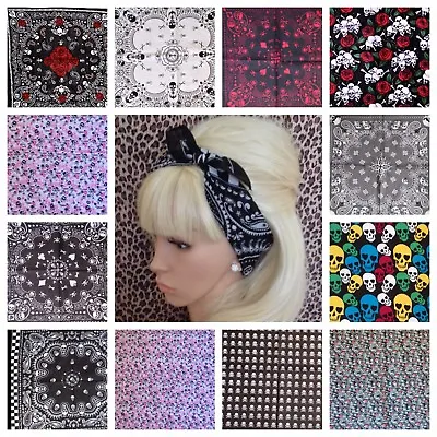 SKULL PRINT COTTON FABRIC SQUARE BANDANA HAIR HEAD NECK SCARF RETRO HEADBAND 50s • £2.99