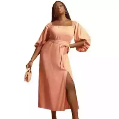 Eloquii Pink Off The Shoulder Midi Dress Size 16 NWT Linen Blend Coral Peasant • $39.99