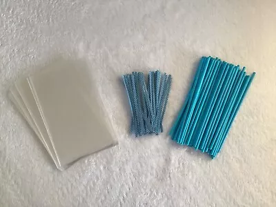 50 X BLUE CAKE POP KIT 6” PAPER LOLLY STICKS 4x 6” CELLO BAGS & POLKA DOT TIES • £5.25