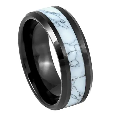 Tungsten Ring Band Black IP With Synthetic White Turquoise For Men & Women • $35.40