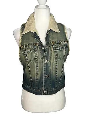 $26.99 • Buy WoW~ True Religion Sz M Leah Sherpa Razorback Denim Jacket Vest Women's