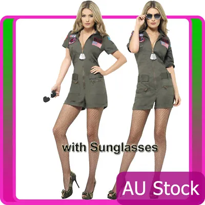 Ladies Top Gun Costume 1980s Military Green Sunglasses Aviator Pilot 80s Outfit • $71.24