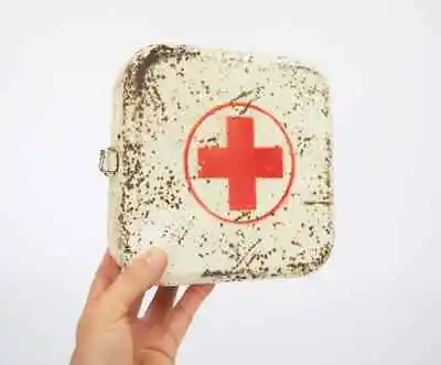 Vintage Metal Medicine Cabinet Red Cross Medical Cabinet Army First Aid Kit • $42