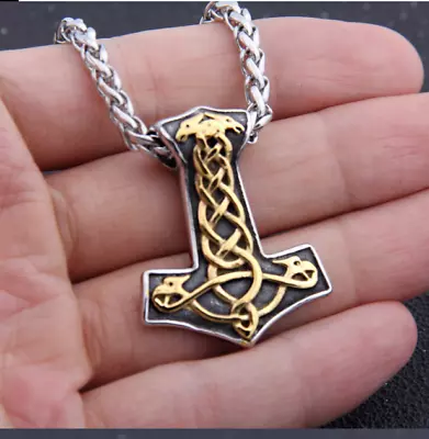 Viking 316L Stainless Steel Thor Hammer Mjolnir Amulet Scandinavian Necklace • £7.99