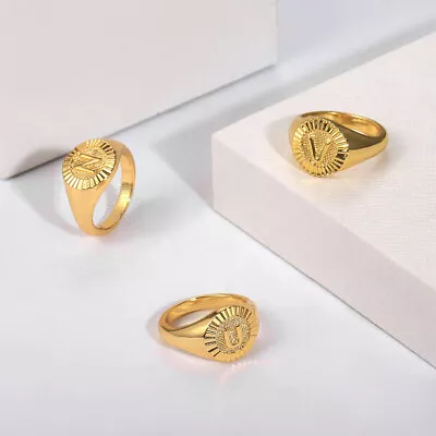 Gold Plated Initial Alphabet Signet Ring For Men Women Custom Letter Jewelry New • $8.49